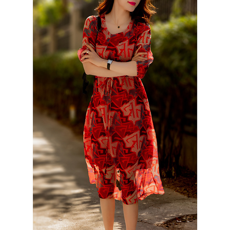 High quality light mature style V-neck five-quarter sleeve waist dress for women's spring A-line skirt 072/ W26Q7B2534