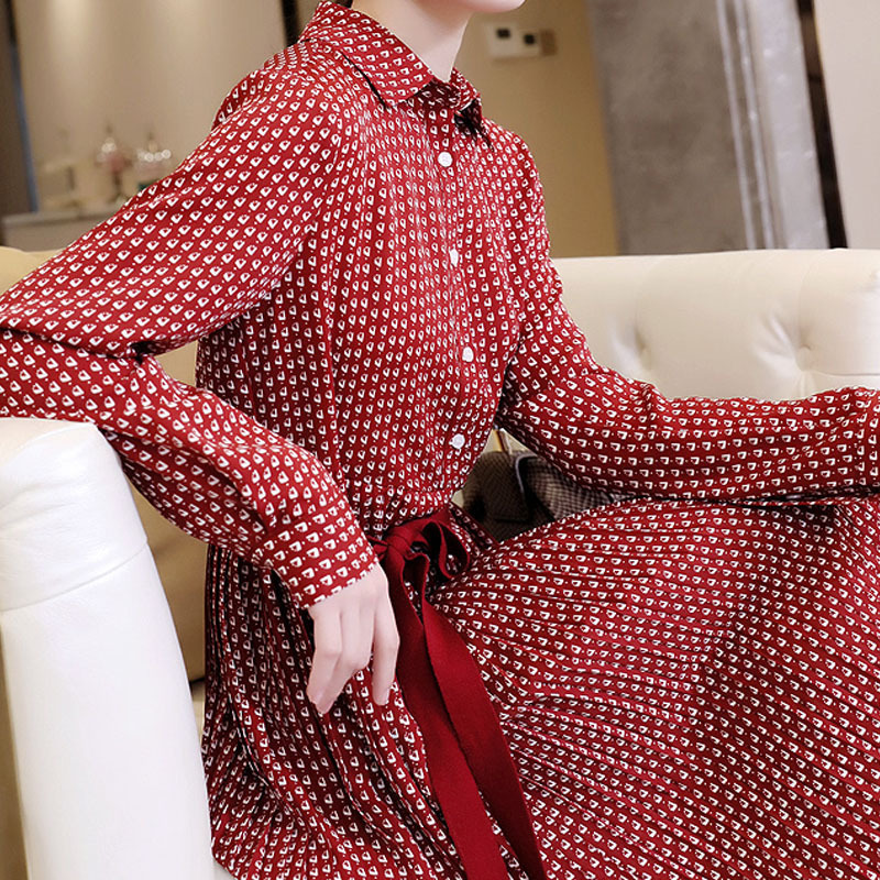 Spring new women's red floral dress pleated dress women 072/ W26Q5860