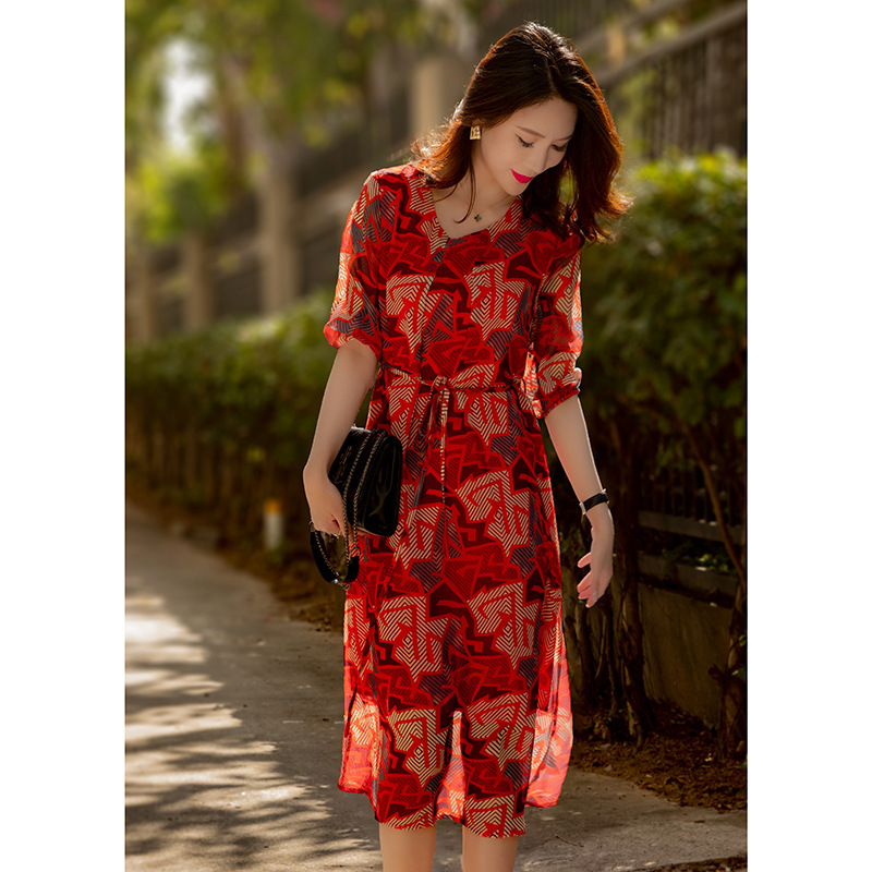 High quality light mature style V-neck five-quarter sleeve waist dress for women's spring A-line skirt 072/ W26Q7B2534