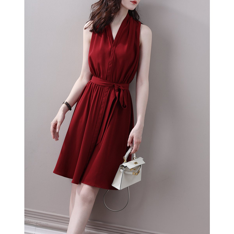 New summer style solid color sleeveless dress with waist closing to show thin vintage skirt 072/ W26Q22640