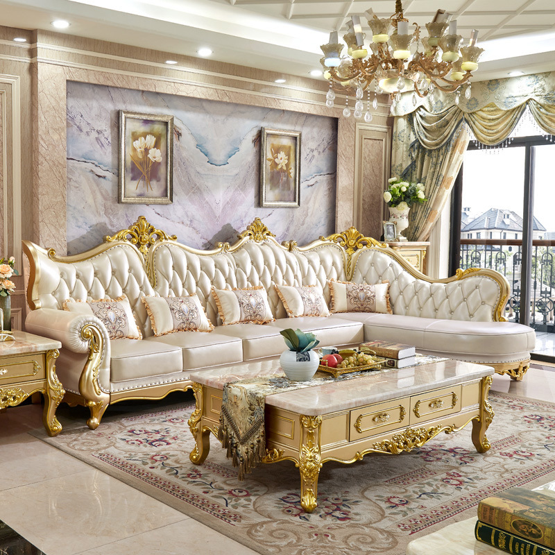 european style leather sofa head layer cowhide solid wood carving  110-001