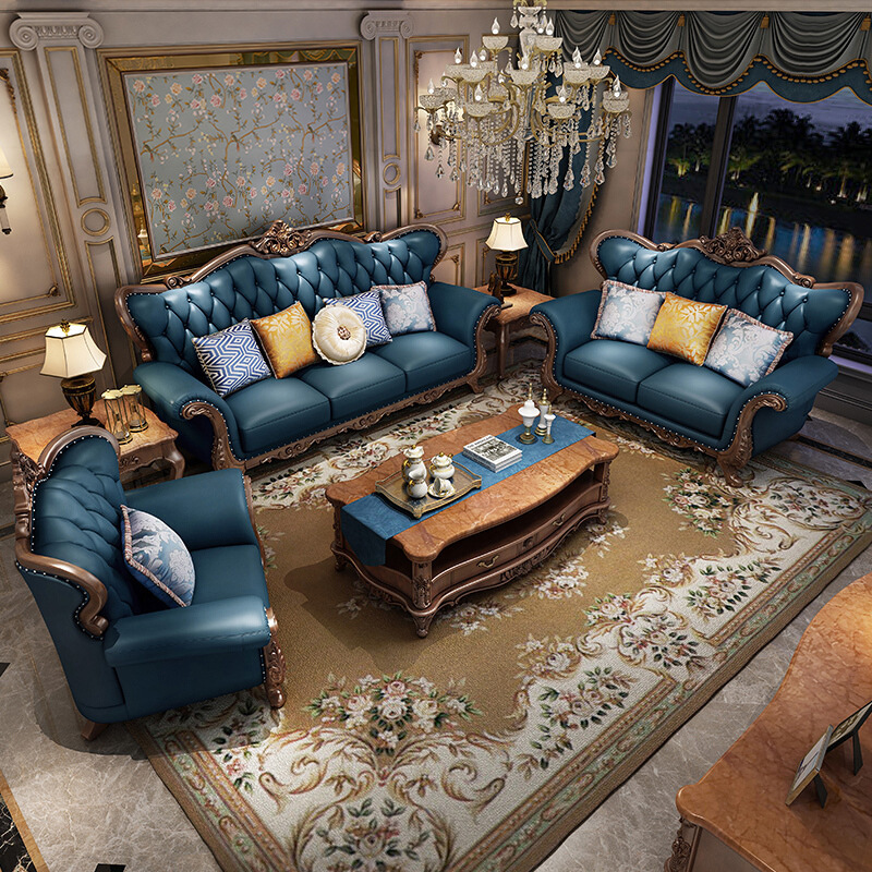 European-style leather sofa 123 combination solid wood carved leather art 110-04