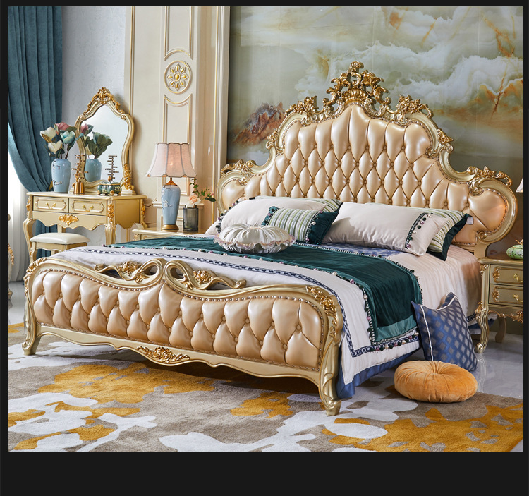 European style leather bed solid wood carved double master bedroom king size bed 2 meters  110-11