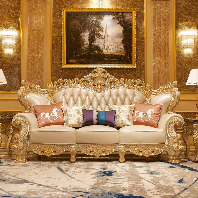 Large-scale high-end luxury first-layer cowhide champagne gold solid wood sofa  110-09