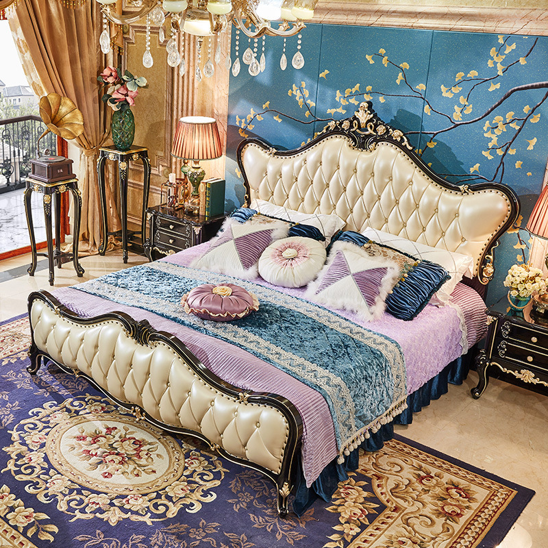 French bed princess palace solid wood bed leather 1.8 meters ebony color  110-18