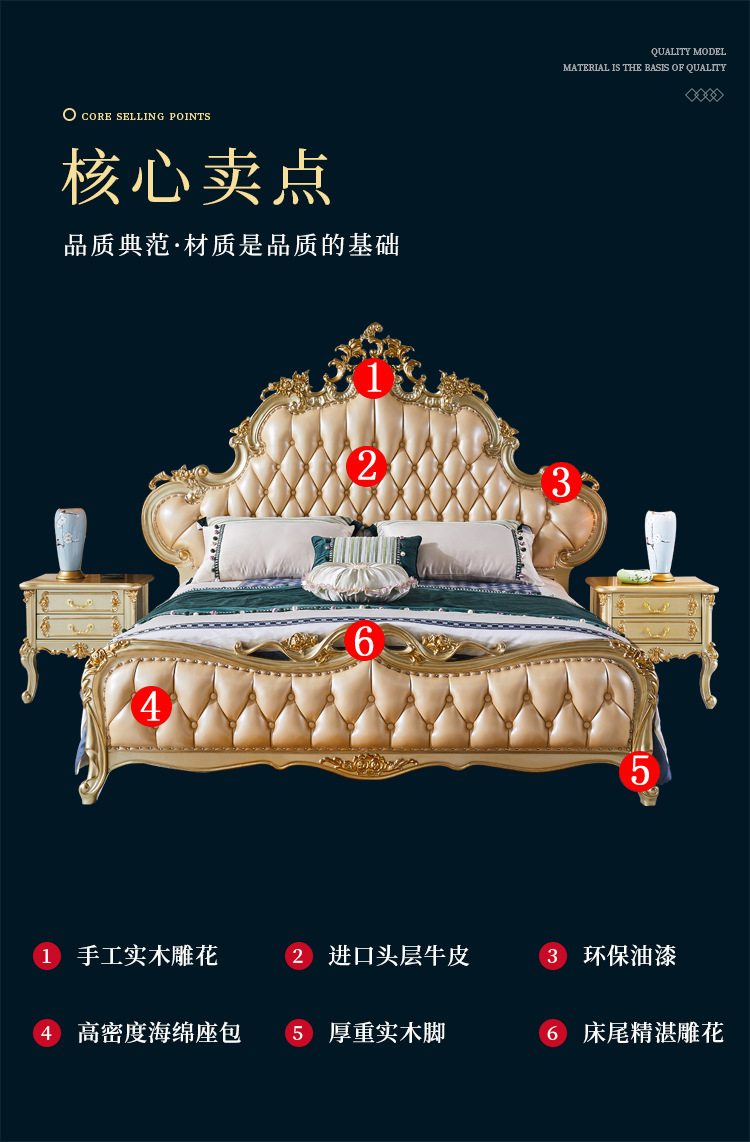 European style leather bed solid wood carved double master bedroom king size bed 2 meters  110-11