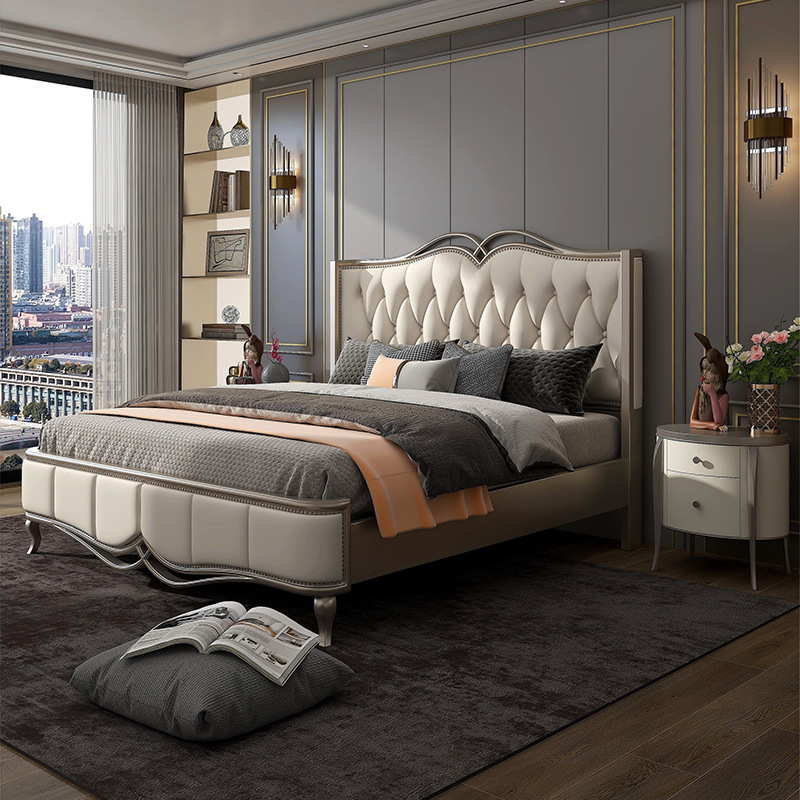 American light luxury solid wood bed 1.8m modern minimalist double bed master bedroom leather  110-15