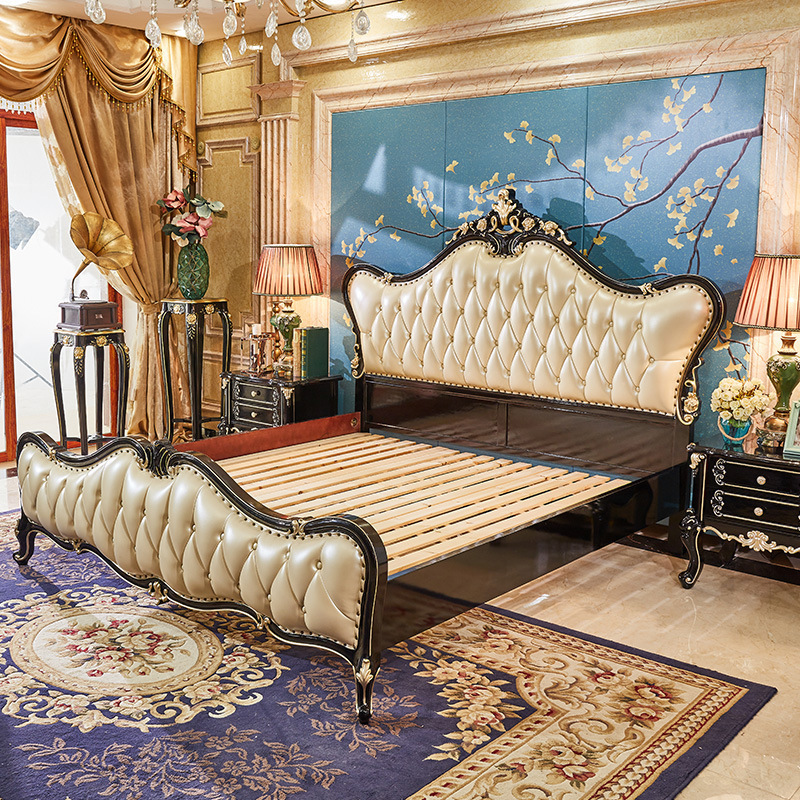 French bed princess palace solid wood bed leather 1.8 meters ebony color  110-18