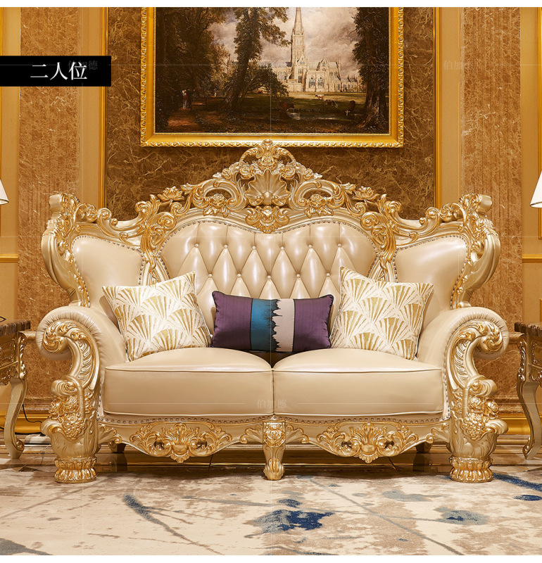 Large-scale high-end luxury first-layer cowhide champagne gold solid wood sofa  110-09