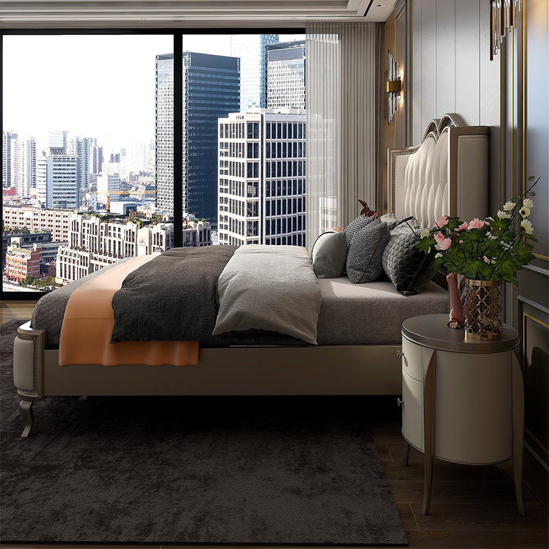 American light luxury solid wood bed 1.8m modern minimalist double bed master bedroom leather  110-15