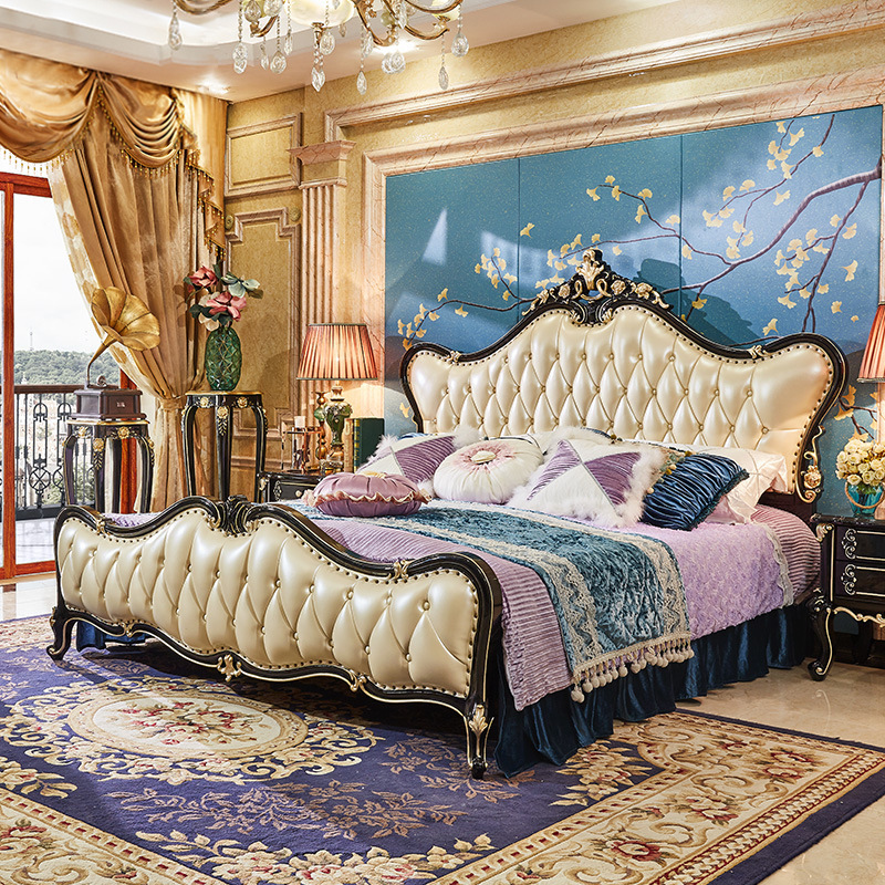 French bed princess palace solid wood bed leather 1.8 meters ebony color  110-18