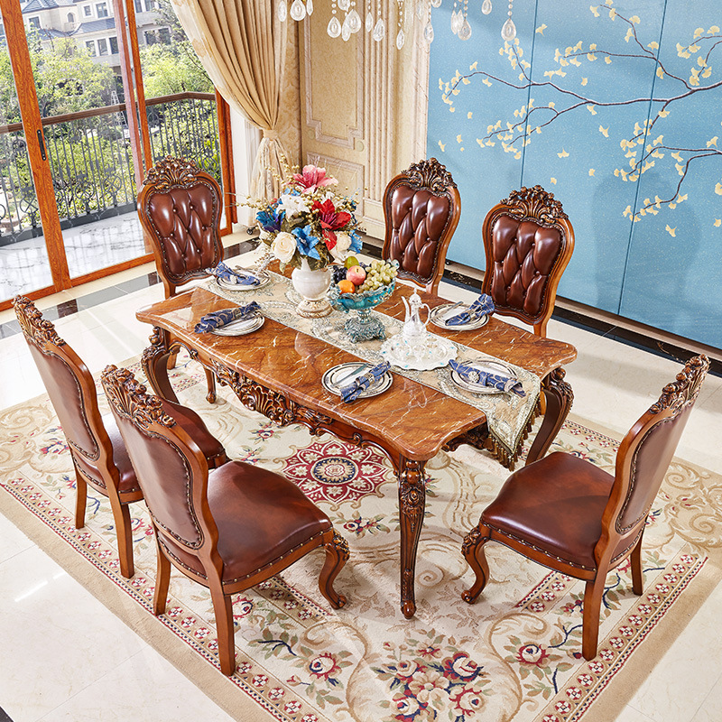 European style dining table and chair combination 6 people rectangular marble solid wood  110-21