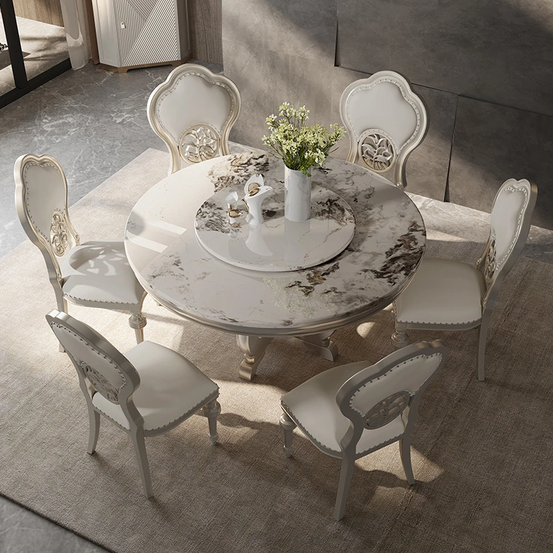 Round dining table solid wood European style with turntable dining table one table six chairs  110-24