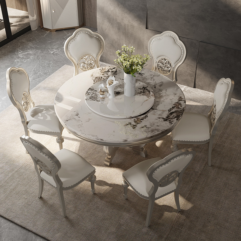 Round dining table solid wood European style with turntable dining table one table six chairs  110-24