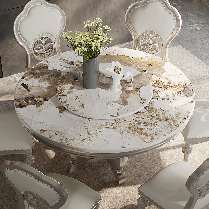 Round dining table solid wood European style with turntable dining table one table six chairs  110-24
