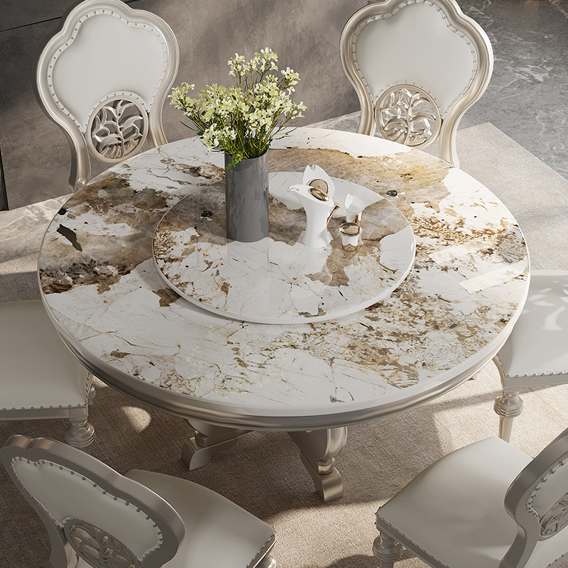 Round dining table solid wood European style with turntable dining table one table six chairs  110-24