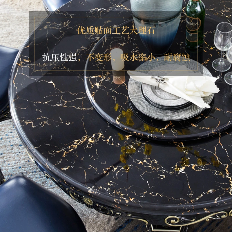 Solid wood carved round marble ebony color dining table  110-27