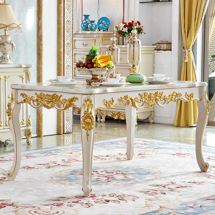 european style marble dining table solid wood rectangle  110-26