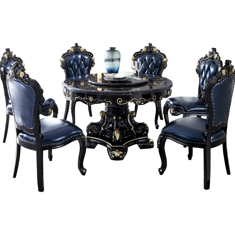 Solid wood carved round marble ebony color dining table  110-27
