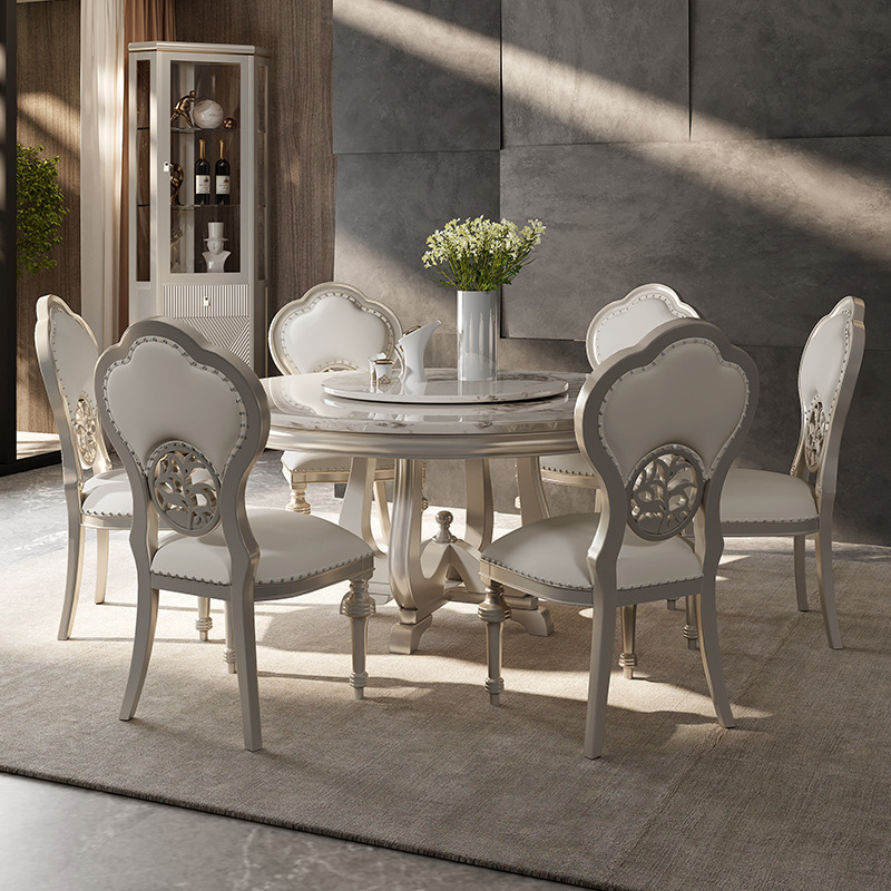 Round dining table solid wood European style with turntable dining table one table six chairs  110-24
