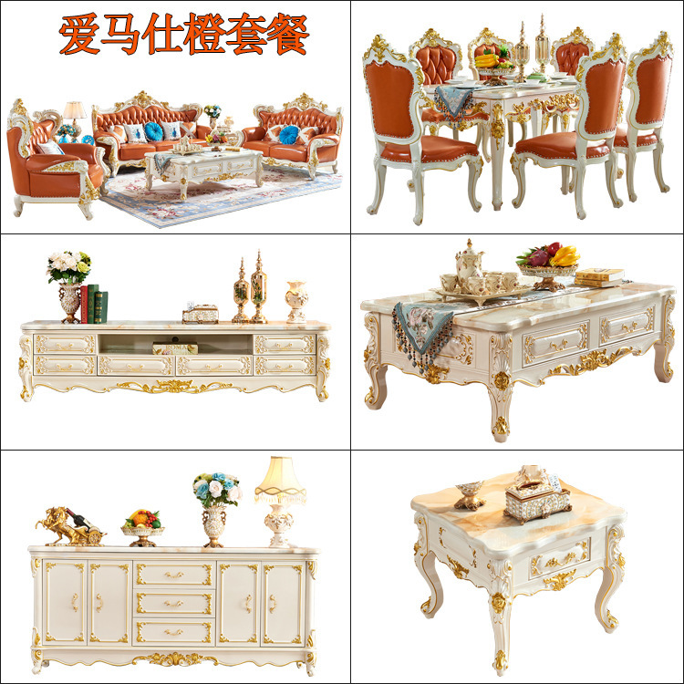 european style marble dining table solid wood rectangle  110-26