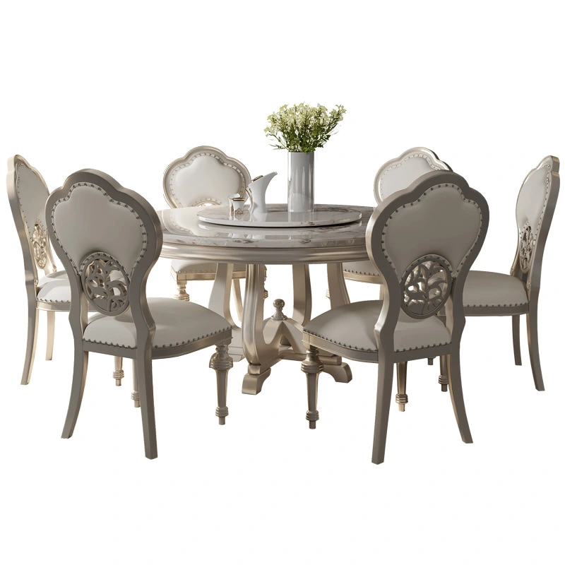 Round dining table solid wood European style with turntable dining table one table six chairs  110-24