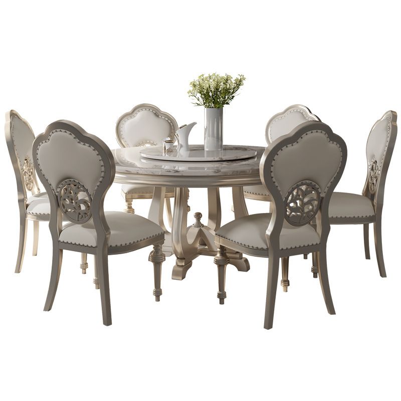 Round dining table solid wood European style with turntable dining table one table six chairs  110-24
