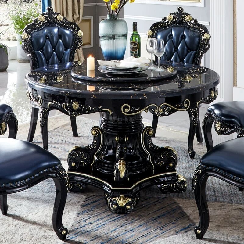 Solid wood carved round marble ebony color dining table  110-27