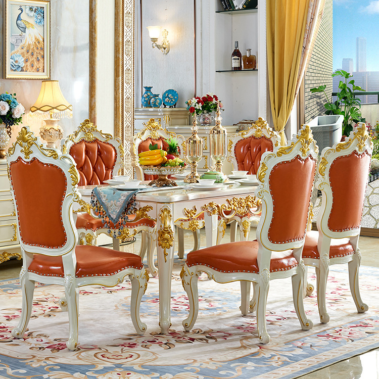 european style marble dining table solid wood rectangle  110-26