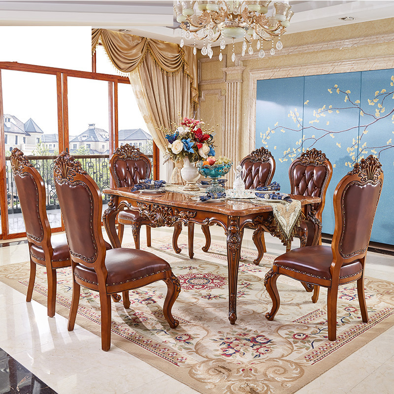 European style dining table and chair combination 6 people rectangular marble solid wood  110-21