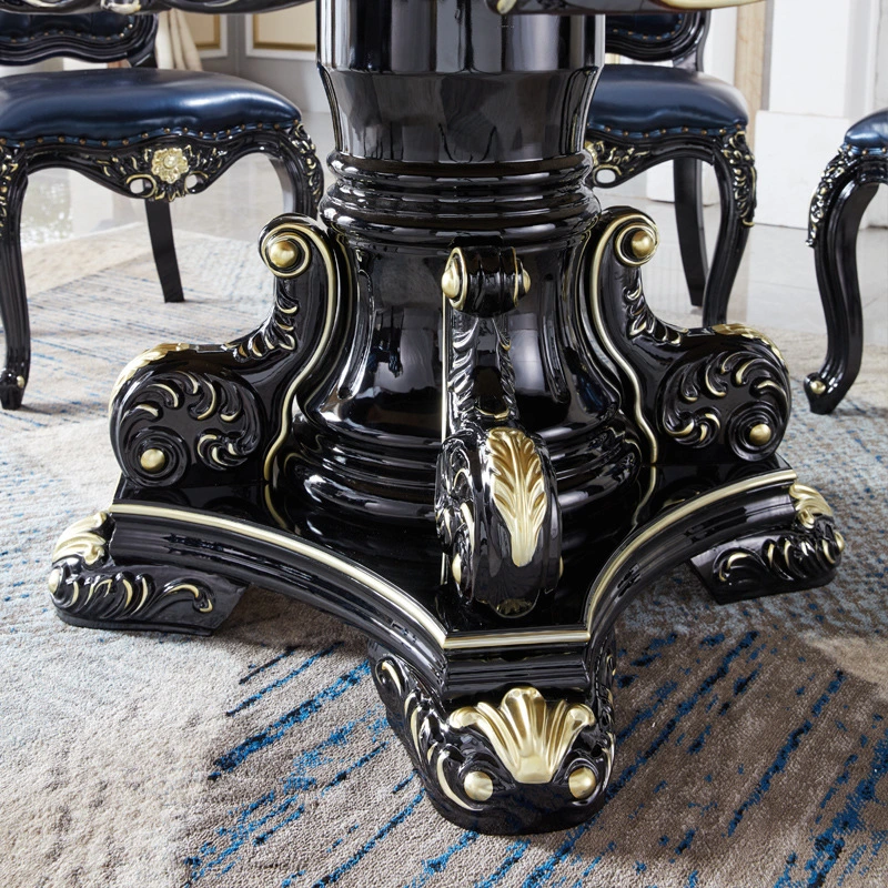 Solid wood carved round marble ebony color dining table  110-27
