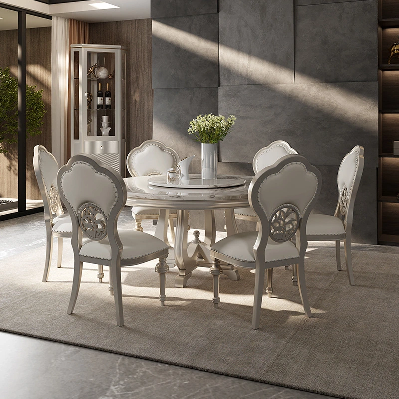 Round dining table solid wood European style with turntable dining table one table six chairs  110-24