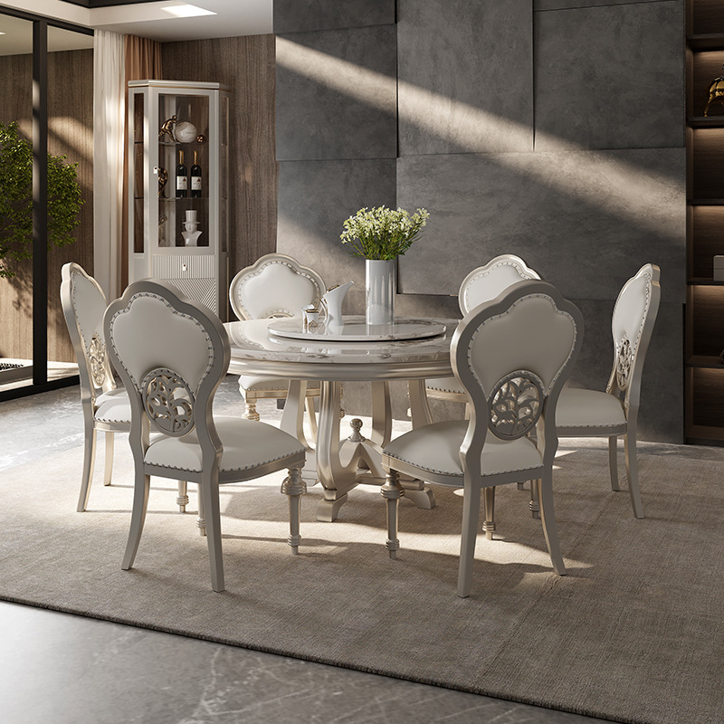 Round dining table solid wood European style with turntable dining table one table six chairs  110-24