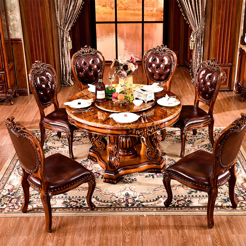 European solid wood marble dining table and chairs round dining table for 4-6 people  110-29