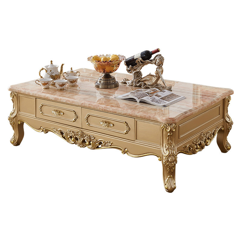 Small apartment living room villa champagne gold solid wood carved tea table  110-33
