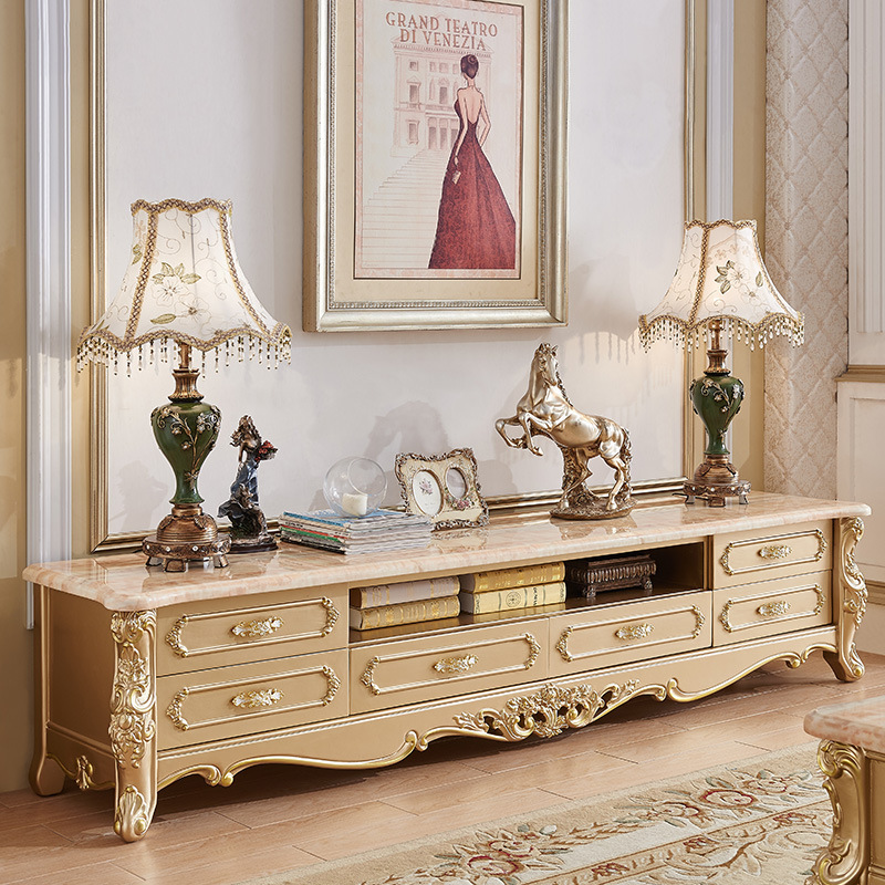 Marble surface champagne gold lacquer solid wood carving  110-36