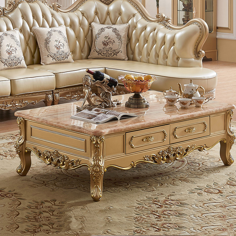 Small apartment living room villa champagne gold solid wood carved tea table  110-33