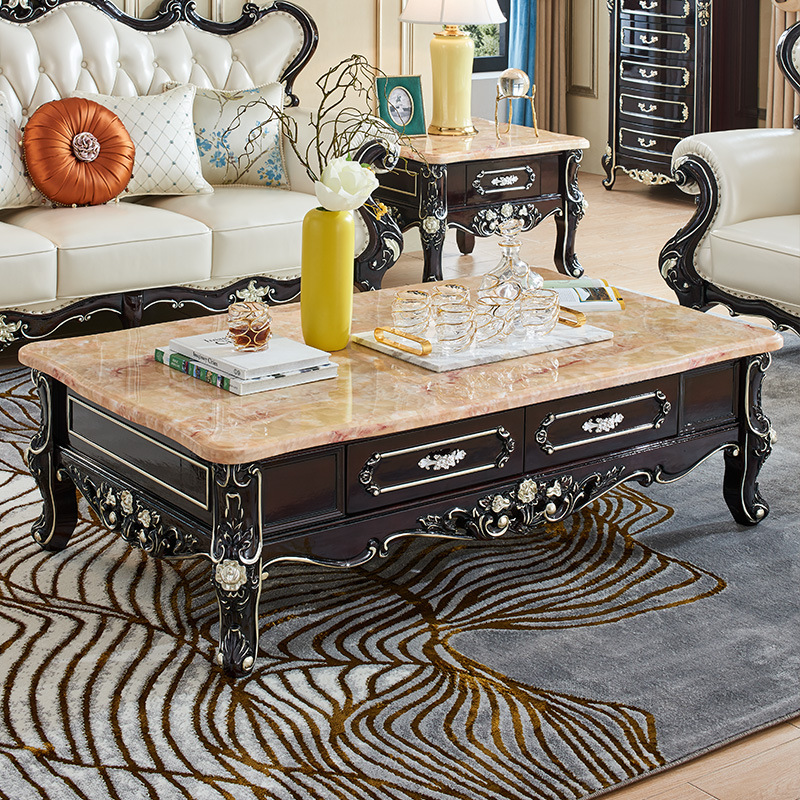 Small apartment living room villa champagne gold solid wood carved tea table  110-33
