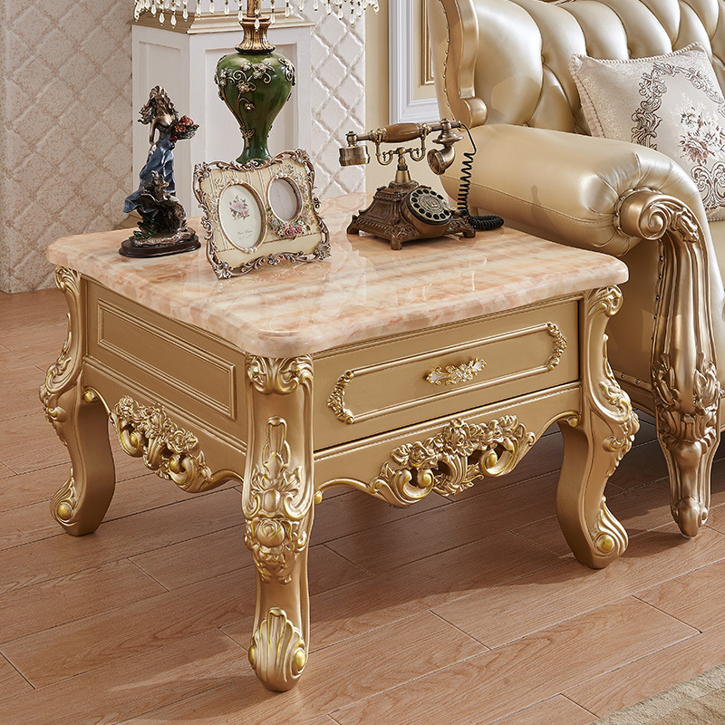 Small apartment living room villa champagne gold solid wood carved tea table  110-33