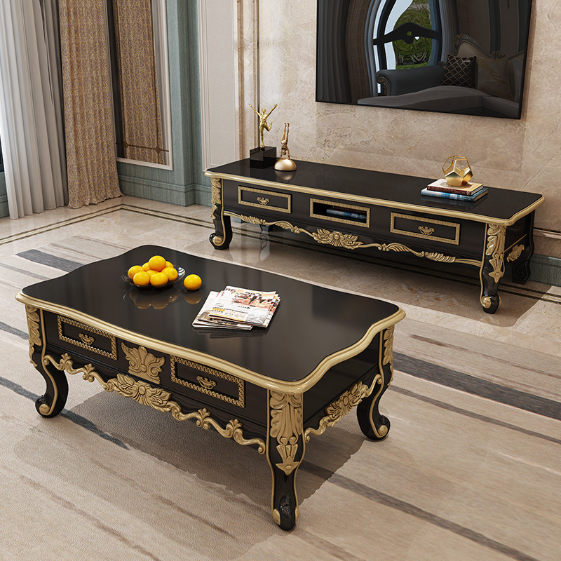 European marble coffee table TV cabinet combination black sandalwood color  110-31