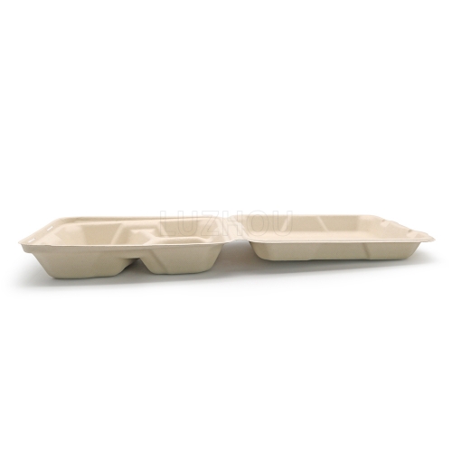 1150ml 9.06"x6.02"xH3.15" (Fold) 3 Compartment Bagasse Compostable Take Out Food Containers