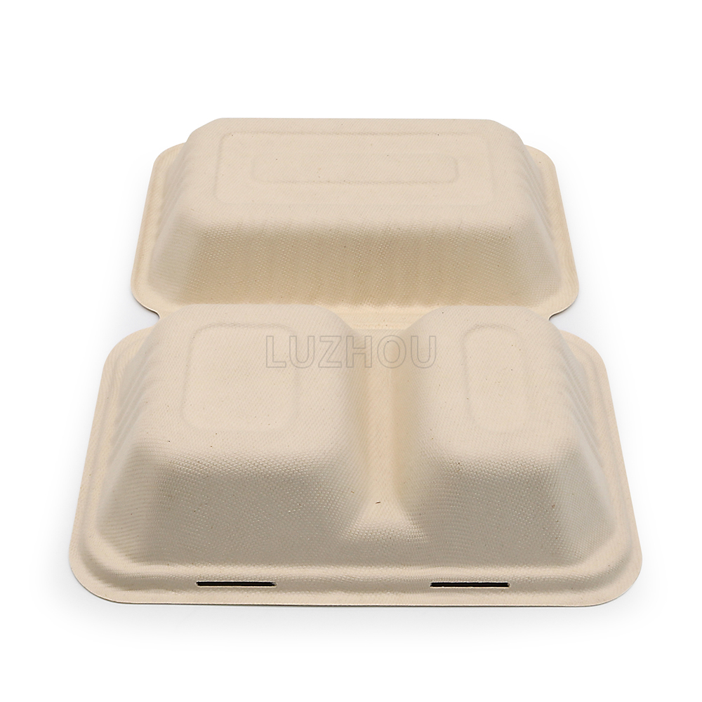 900ml 9.06"x6.02"x3.15" (Fold) 30g 2-Comp Bagasse Compostable To Go Box for Food Packaging