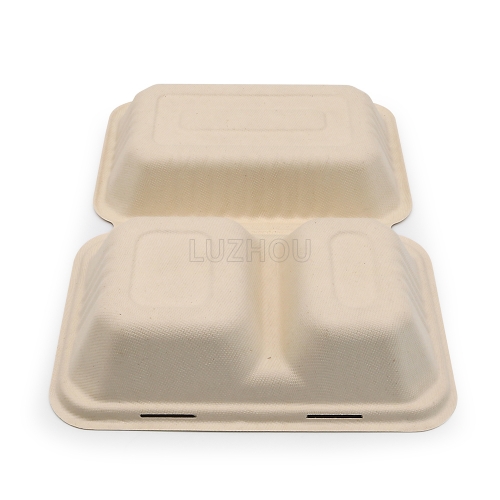 900ml 9.06"x6.02"x3.15" (Fold) 30g 2-Comp Bagasse Compostable To Go Box for Food Packaging