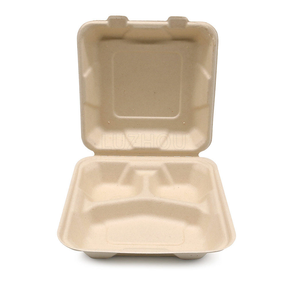 800ml 7.99"x7.99"xH2.48" (Fold) 31g 3 Compartment Bagasse Compostable Eco Food Containers To Go