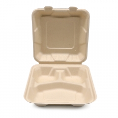 800ml 8x8xH2.48" (Fold) 31g 3 Compartment Bagasse Compostable Eco Food Containers To Go