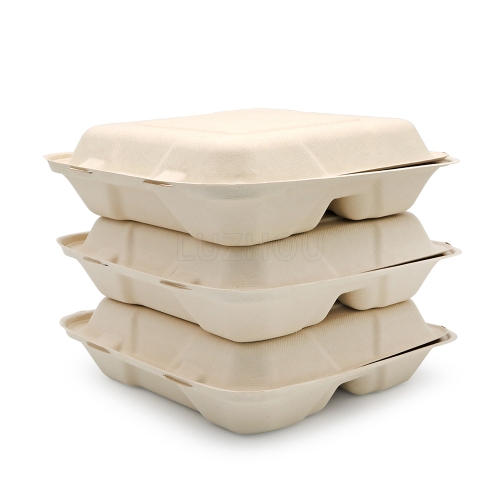 1150ml 9.06"x6.02"xH3.15" (Fold) 3 Compartment Bagasse Compostable Take Out Food Containers