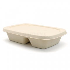 790ml 8.5"x6"xH1.8" 20g 2 Compartment Bagasse Compostable Carry Out Food Packaging Container with Lid