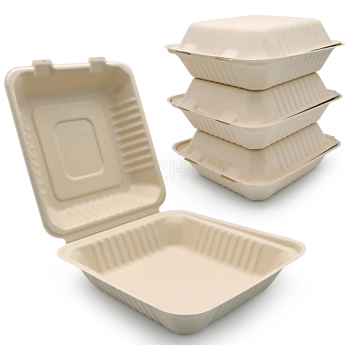 1200ml 8 Inch Eco Friendly Bagasse Pulp Biodegradable Compostable Disposable Hinged Clamshell Food Box