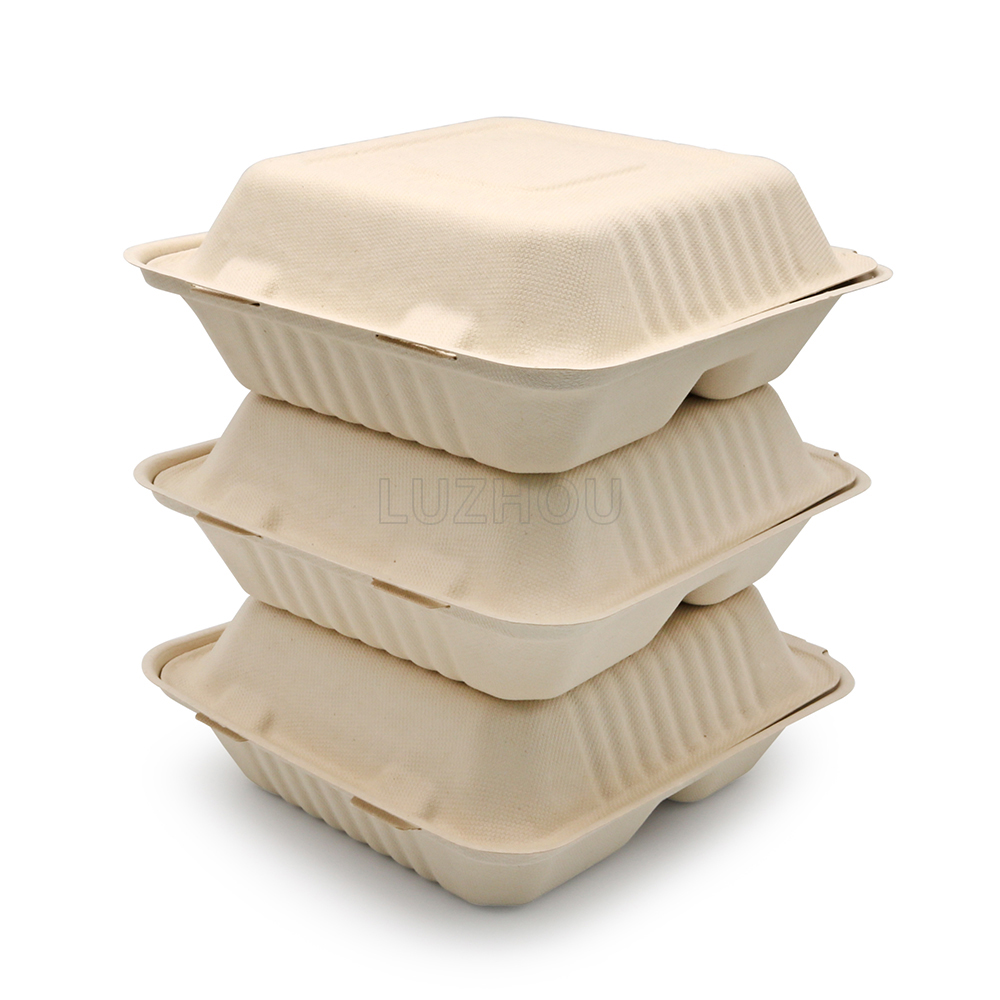 1000ml 8.66"x7.99"xH2.99" (Fold) 37g 3-Comp Bagasse Biodegradable Compostable Take Away Container Box