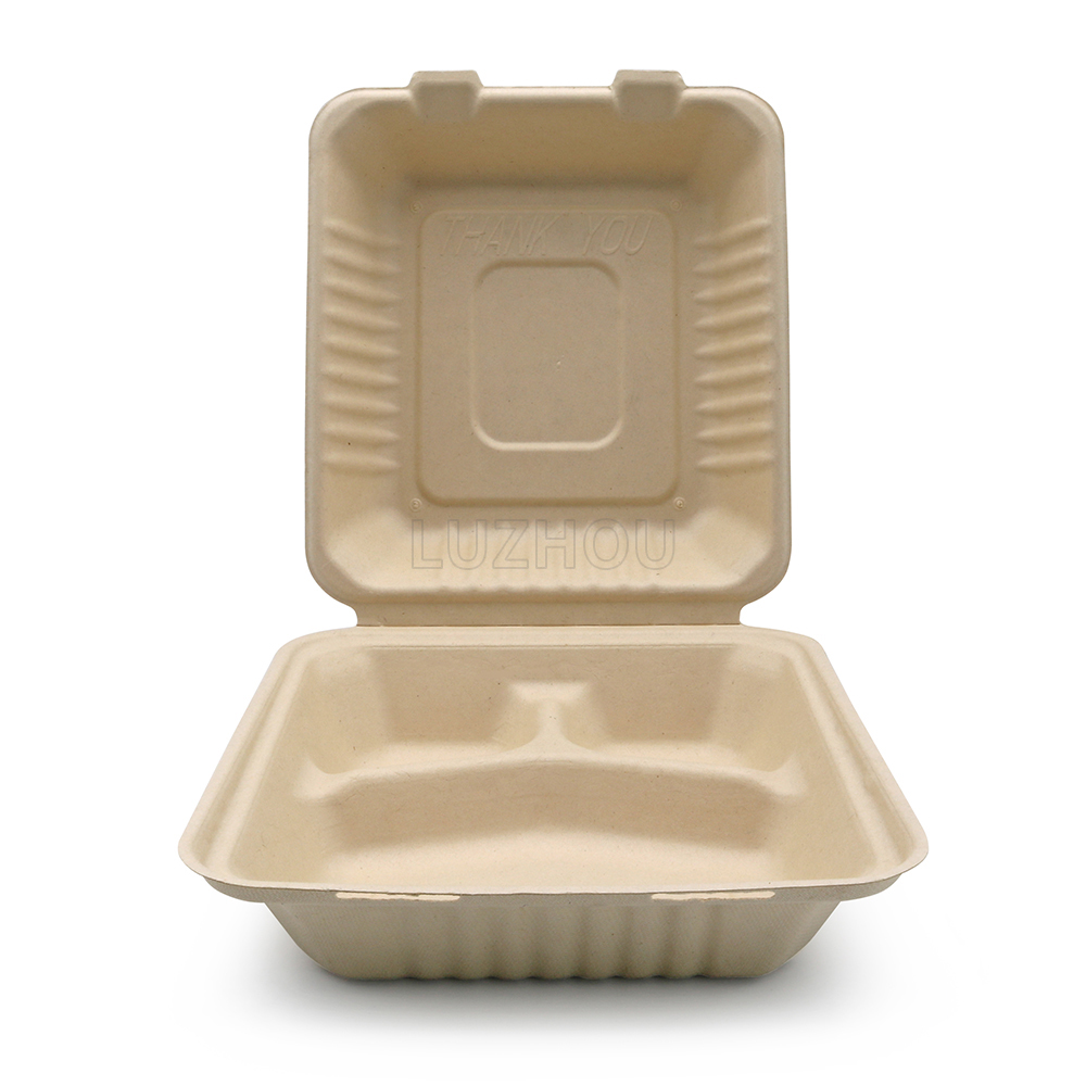 1000ml 8.66"x7.99"xH2.99" (Fold) 37g 3-Comp Bagasse Biodegradable Compostable Take Away Container Box